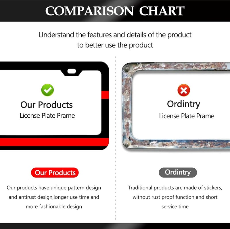 LIN KANG 2Pcs Thin Red Line License Plate Frames Firefighter License Plate Holder Universal Aluminum Metal Rust-Proof Waterproof Car Decorative Tag Frames for Standard US 12x6 Inch - Image 4